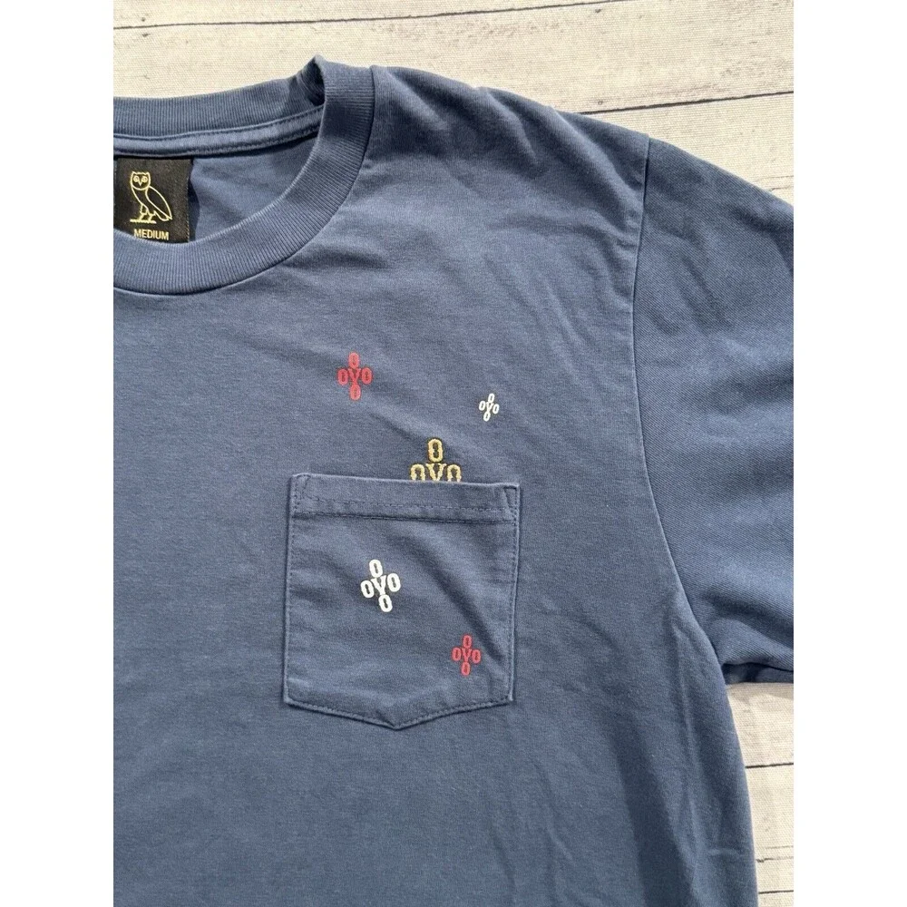 OVO Octobers Very Own Mens Pocket T Shirt Sz M Blue Fade Stitch Print Drake